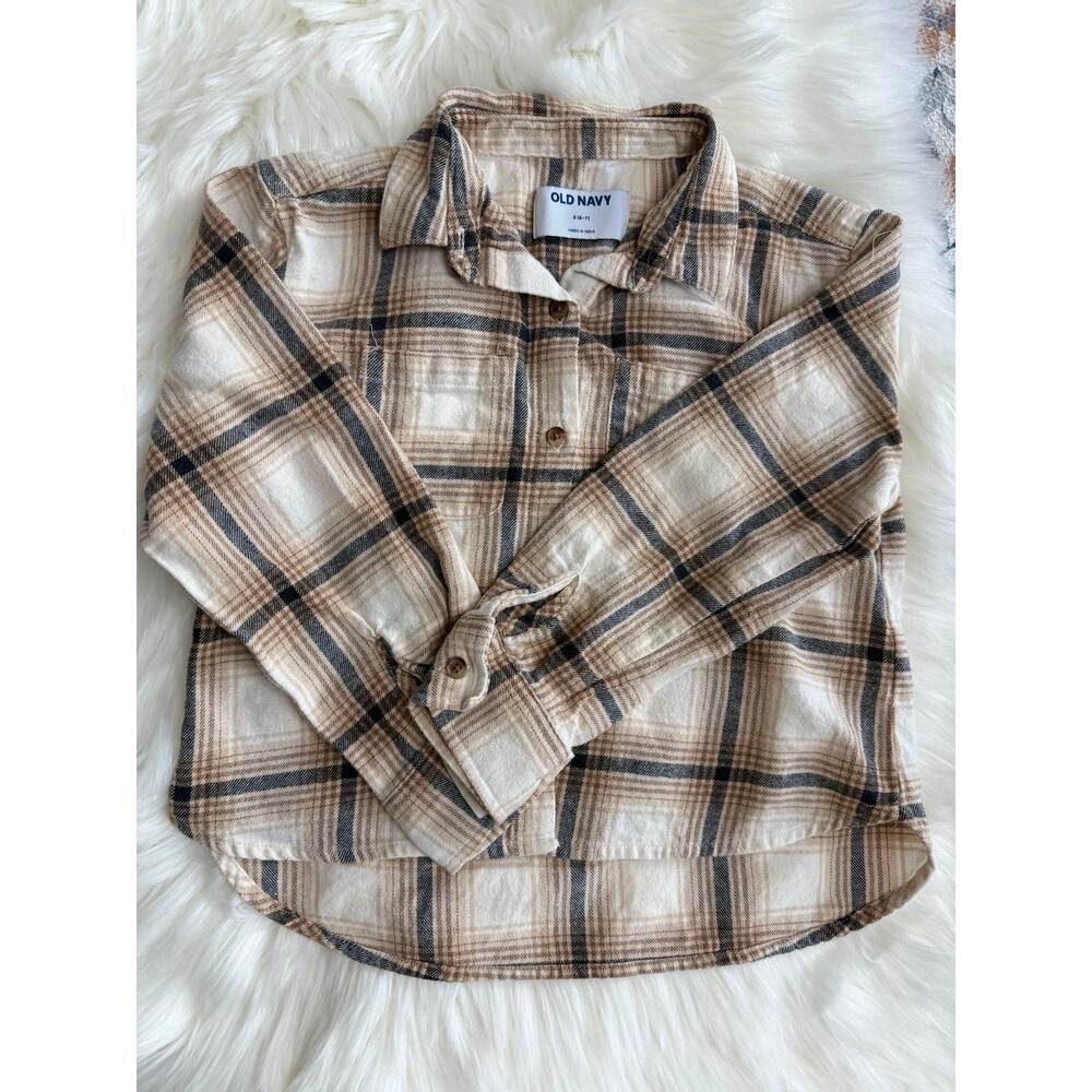 Old Navy Girls Plaid Beige Black White Long Sleeve Button-Up Shirt Size 6-7